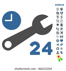 Service Hours icon with bonus pictograms. Vector style is bicolor flat iconic symbol with rounded angles, cobalt and gray colors, white background.