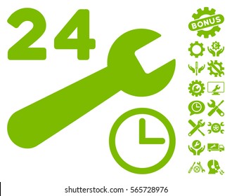 Service Hours icon with bonus setup tools graphic icons. Vector illustration style is flat iconic eco green symbols on white background.