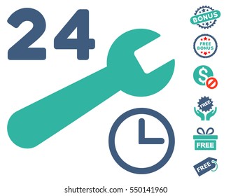 Service Hours icon with free bonus symbols. Vector illustration style is flat iconic symbols, cobalt and cyan colors, white background.