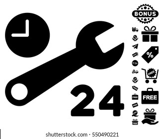 Service Hours icon with free bonus clip art. Vector illustration style is flat iconic symbols, black color, white background.