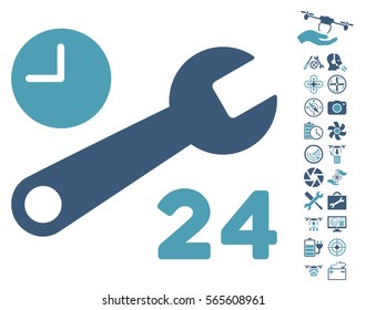 Service Hours pictograph with bonus uav tools icon set. Vector illustration style is flat iconic cyan and blue symbols on white background.