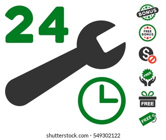 Service Hours pictograph with free bonus pictograms. Vector illustration style is flat iconic symbols, green and gray colors, white background.