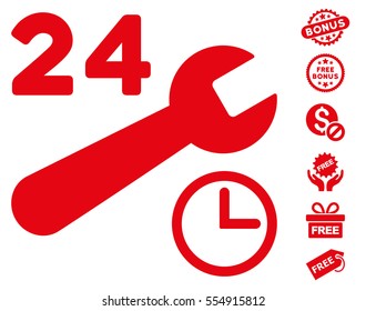 Service Hours pictograph with free bonus pictures. Vector illustration style is flat iconic symbols, red color, white background.