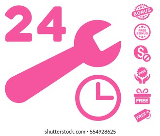 Service Hours pictograph with free bonus icon set. Vector illustration style is flat iconic symbols, pink color, white background.