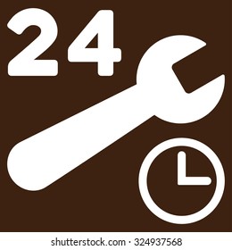 Service Hours vector icon. Style is flat symbol, white color, rounded angles, brown background.