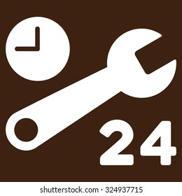 Service Hours vector icon. Style is flat symbol, white color, rounded angles, brown background.