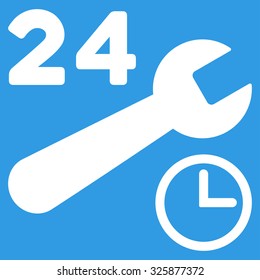 Service Hours vector icon. Style is flat symbol, white color, rounded angles, blue background.