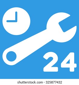 Service Hours vector icon. Style is flat symbol, white color, rounded angles, blue background.