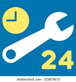 Service Hours vector icon. Style is bicolor flat symbol, yellow and white colors, rounded angles, blue background.