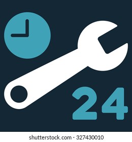 Service Hours vector icon. Style is bicolor flat symbol, blue and white colors, rounded angles, dark blue background.