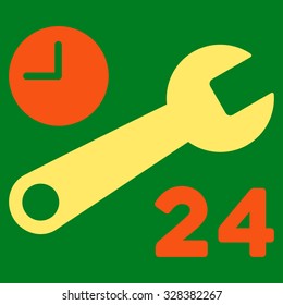 Service Hours vector icon. Style is bicolor flat symbol, orange and yellow colors, rounded angles, green background.