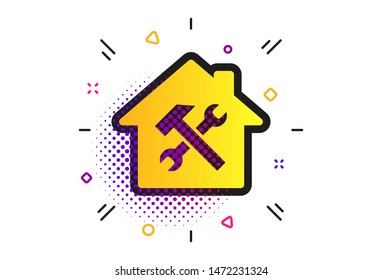 Service house. Halftone dots pattern. Repair tool sign icon. Service symbol. Hammer with wrench. Classic flat service icon. Vector