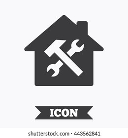 Service house. Repair tool sign icon. Service symbol. Hammer with wrench. Graphic design element. Flat house service symbol on white background. Vector