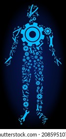 Service human collage of service tools on a dark blue gradient background. Vector human is made with blue gearwheels, wrenches, and other instruments, and based on human icon.