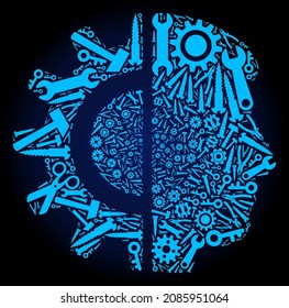 Service human robotics composition of service tools on a dark blue gradient background. Vector human robotics is composed of blue gearwheels, wrenches, and other tools,