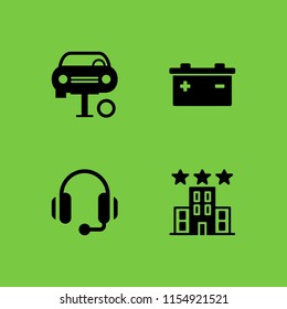 service icon. 4 service set with headset, repair, hotel and battery vector icons for web and mobile app