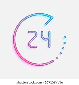 Service icon, call center 24, linear outline design. Colored logo with diagonal lines and blue-red gradient. Neon graphic, light effect