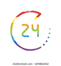 Service icon, call center 24, linear outline design. Drawing sign with LGBT style, seven colors of rainbow (red, orange, yellow, green, blue, indigo, violet