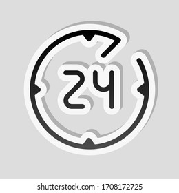 Service icon, call center 24, linear outline design. Sticker style with white border and simple shadow on gray background