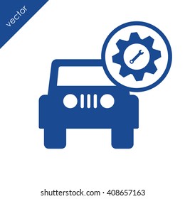 Service icon. Car with a service icon. Cogwheel with wrench icon.