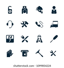 Service icon. collection of 16 service filled icons such as window squeegee, dust brush, wrench and screwdriver, van, waiter. editable service icons for web and mobile.