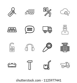 Service icon. collection of 16 service outline icons such as  truck, 24 hours support, cargo tag, cargo on cart, chat, bell. editable service icons for web and mobile.