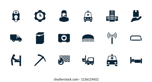 Service icon. collection of 18 service filled icons such as signal tower, baby changing room, case with heart, hospital, bed, nurse. editable service icons for web and mobile.