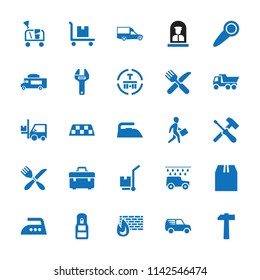 Service icon. collection of 25 service filled icons such as iron, toolbox, truck, van, fork and knife, cargo terminal. editable service icons for web and mobile.