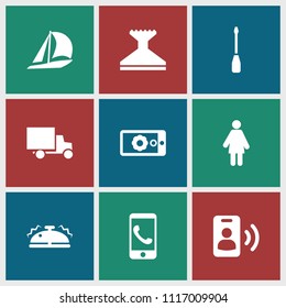 Service icon. collection of 9 service filled icons such as window squeegee, sailboat, woman, gear on display, bell, call. editable service icons for web and mobile.