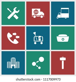 Service icon. collection of 9 service filled icons such as van, garden hammer, nurse hat, cleaning tools, truck, call. editable service icons for web and mobile.