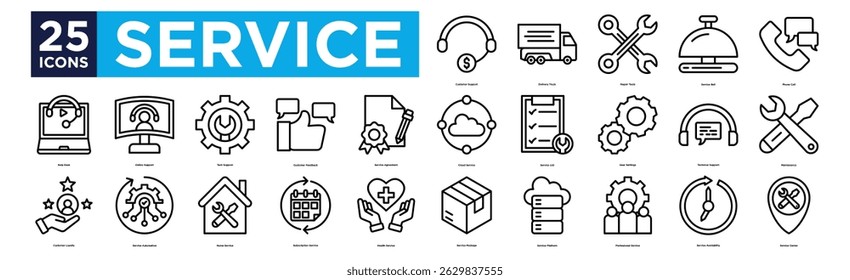 service icon collection set. Containing design Customer Support, Delivery Truck, Repair Tools, Service Bell, Phone Call,