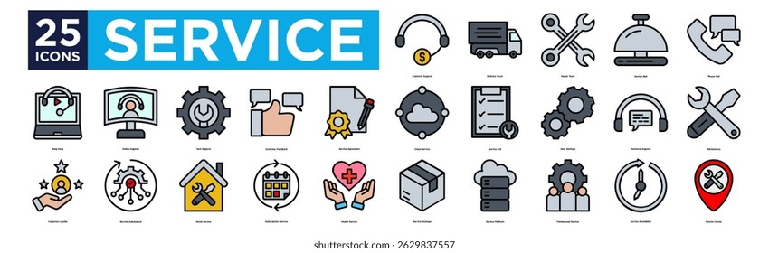 service icon collection set. Containing design Customer Support, Delivery Truck, Repair Tools, Service Bell, Phone Call,