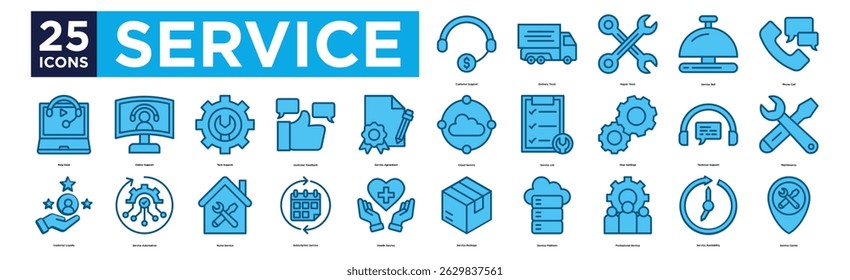 service icon collection set. Containing design Customer Support, Delivery Truck, Repair Tools, Service Bell, Phone Call,