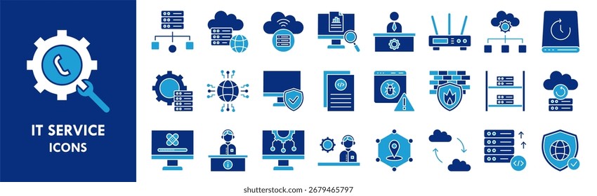 Conjunto de colecciones de iconos de servicios de TI. Contiene tecnología de diseño, servicio, negocio, ordenador, en línea, digital