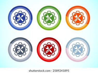 Service icon design illustration, maintenance tools icon for apps and websites, 6 color button design set