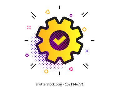 Service icon. Halftone dots pattern. Cogwheel with tick sign. Check symbol. Classic flat service icon. Vector