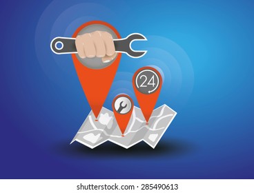 Service icon on mobile map pin with Twenty-four hours.