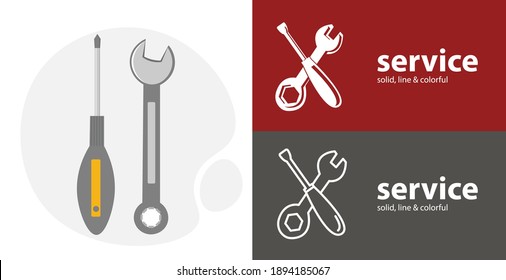 service icon. repair design isolated tool flat icon with screwdriver and wrench solid, line icons