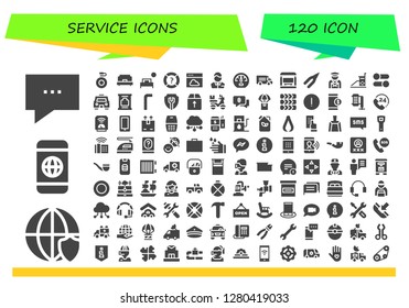  service icon set. 120 filled service icons. Simple modern icons about  - Chat, Worldwide, Smartphone, Canteen, Single bed, Bed, Help, Cloud, Pharmacist, Dashboard, Van, Bus stop