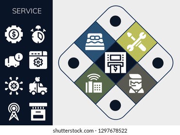  service icon set. 13 filled service icons. Simple modern icons about  - Atm, Antenna, Box, Settings, Van, Delivery, Alarm, Tools, Bed, Phone, Call center