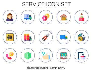 service icon set. 15 flat service icons.  Simple modern icons about  - customer service, taxi, moving truck, truck, settings, plier, warehouse, shipping, blogger, telephone, information