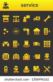 service icon set. 26 filled service icons.  Collection Of - Box, Call center, Rating, User, Ambulance, Wrench, Clean, Vision, Pipes, Hail, Smartphone, Truck, Tires, Boxes, Taxi