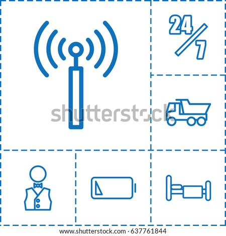 Service icon. set of 6 service outline icons such as signal tower, truck, bed, low battery, waiter