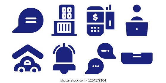  service icon set. 8 filled service icons. Simple modern icons about  - Garage, Chat, Alarm, Shopping center, Payment terminal, Bed, Blogger