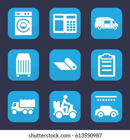 Service icon. set of 9 filled service icons such as washing machine, car wash, truck, van, cargo container, courier on motorcycle, clipboard, carpet