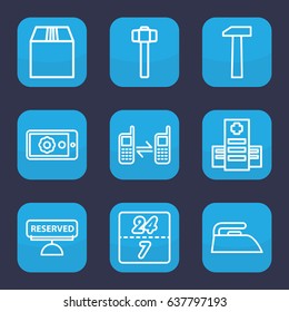 Service icon. set of 9 outline service icons such as iron, garden hammer, hospital, cargo container, connected phone, gear on display, reserved, hummer
