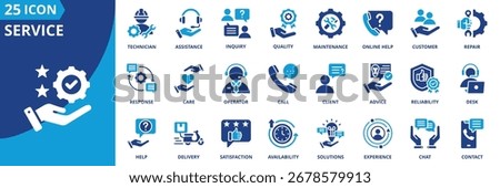 Service icon set collection in flat style. Icon pack contains help, assistance, maintenance, repair, customer, technician, inquiry, care, call, response, solutions, availability, satisfaction
