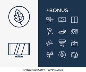 Service icon set and conditioning with reception, wardrobe and digital tv. Natural product related service icon vector for web UI logo design.