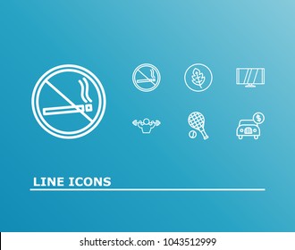 Service icon set and digital tv with no smoking, tennis court and fitness center. Bodybuilding related service icon vector items for web UI logo design.