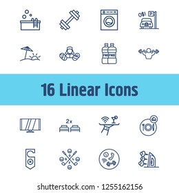 Service icon set and digital tv with facilities, iron and beach. Hotel service related service icon vector for web UI logo design.